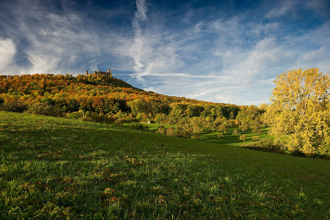 View over meadows onto Hohenzollern Castle, Hechingen, Swabian Alp, Baden-Wuerttemberg, Germany, Europe