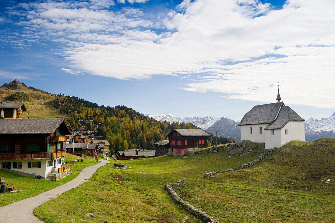 Mountain village with church at Bettmeralp, Canton of Valais, Switzerland, Europe