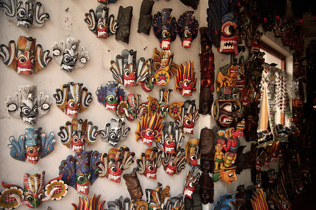 Traditional masks at shop, art handcraft, beach Mirissa, Sri Lanka