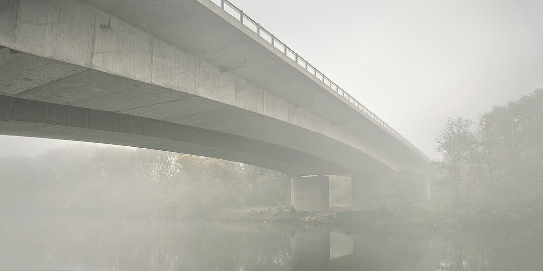 A8 freeway bridge surrounded by fog, Danube river, Leipheim around Günzburg, Schwaben, Bavaria, Germany