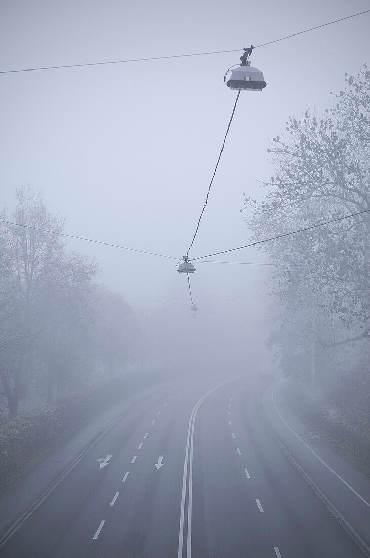 Street and street lighting in fog, Neu-Ulm, Schwaben, Bavaria, Germany