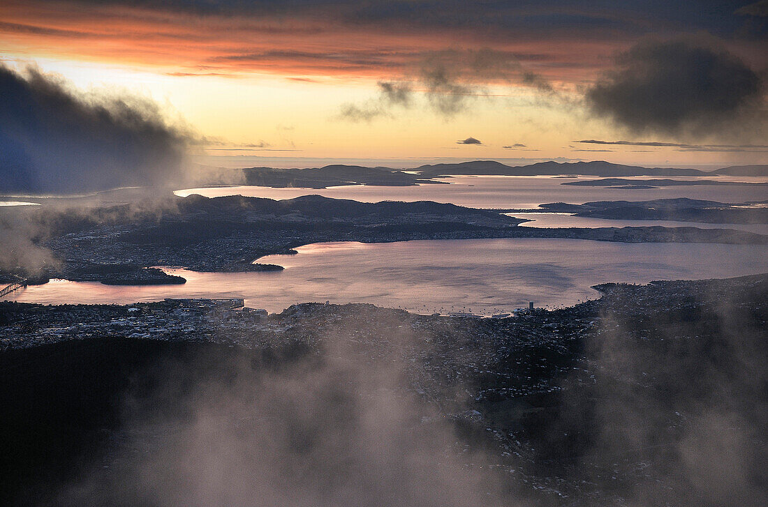 Aerial view at Hobart from Mount Wellington, sunrise and clouds, Hobart, Tasmania, Australia