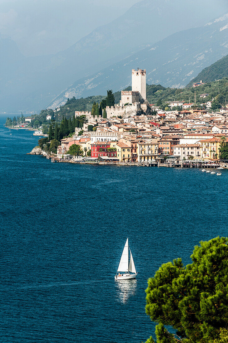 View to lake Garda and Malcesine, Lago di Garda, Province of Verona, Northern Italy, Italy