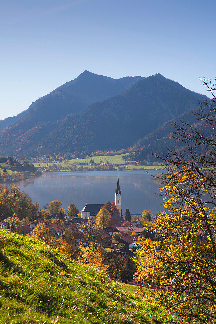 View over the church at lake Schliersee onto Brecherspitz, Schliersee, Upper Bavaria, Germany, Europe