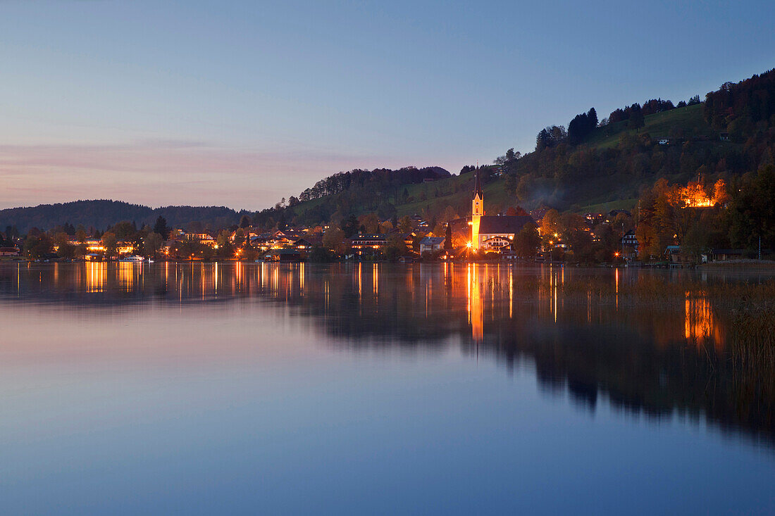 View over lake Schliersee onto the village in the evening, Schliersee, Upper Bavaria, Germany, Europe