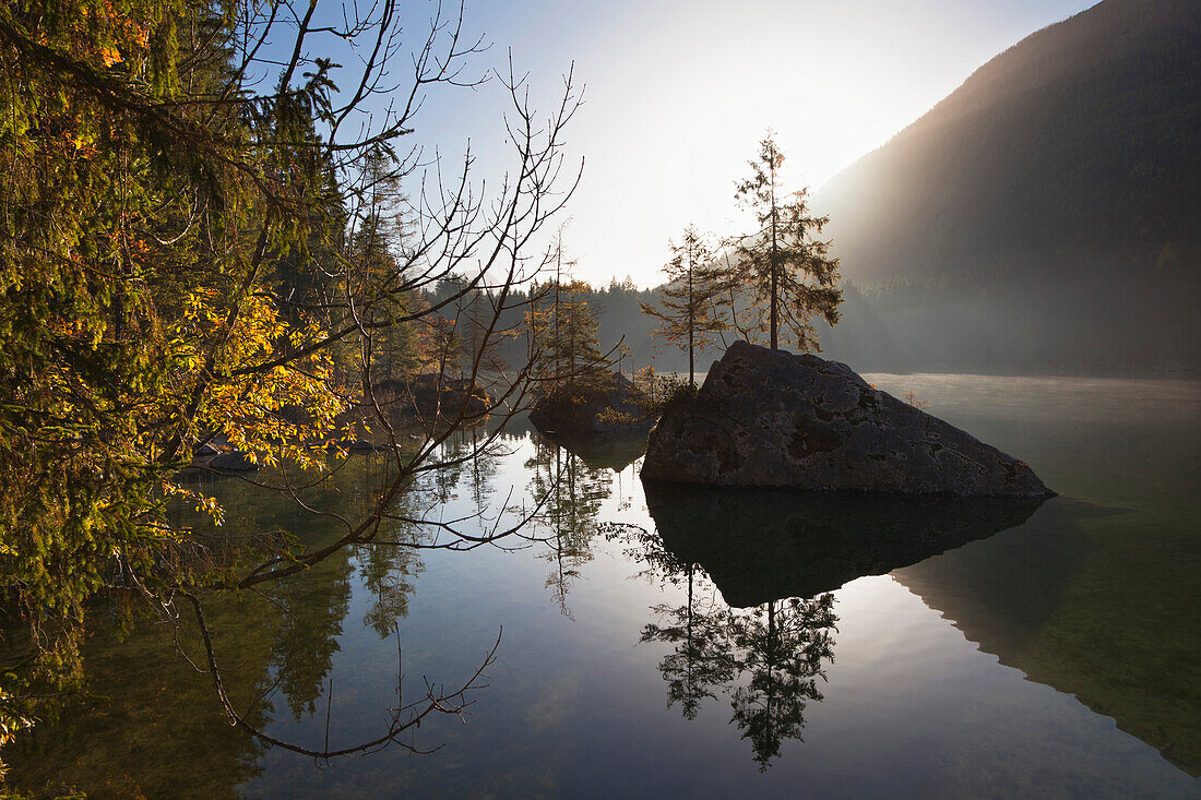 Spruces on a rock island at lake Hintersee in the morning light, view of Hochkalter, Ramsau, Berchtesgaden region, Berchtesgaden National Park, Upper Bavaria, Germany, Europe