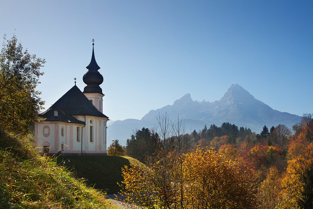 Maria Gern pilgrimage church, view onto Watzmann, Berchtesgaden region, Berchtesgaden National Park, Upper Bavaria, Germany, Europe