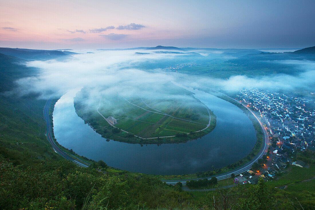 View from vineyard Bremmer Calmont to sinuosity near Bremm, Mosel river, Rhineland-Palatinate, Germany