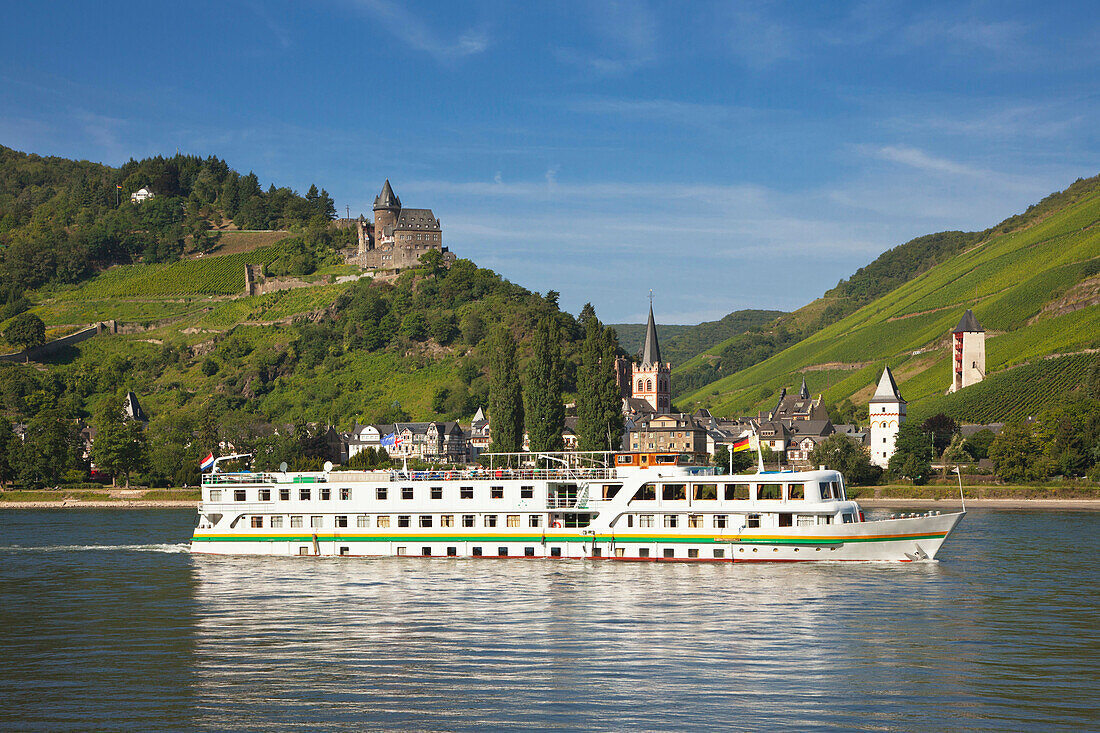 Excursion ship at Bacharach, Stahleck castle, Rhine river, Rhineland-Palatinate, Germany