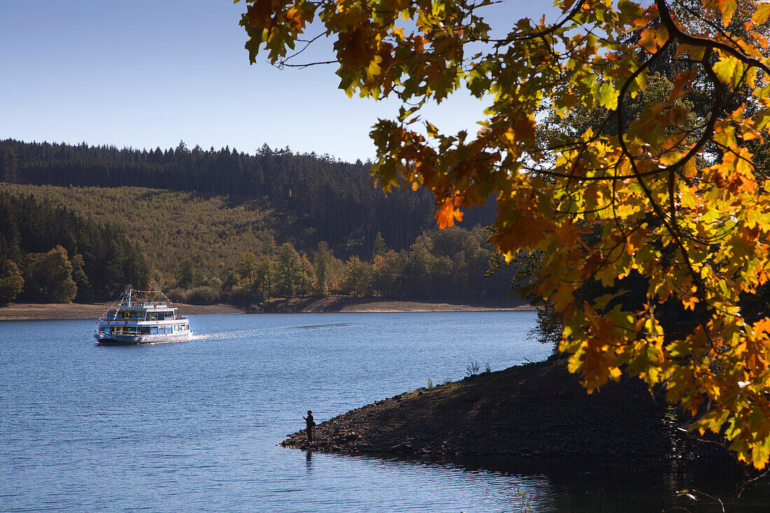 Excursion ship at Sorpe Dam, near Sundern, Sauerland region, North Rhine-Westphalia, Germany