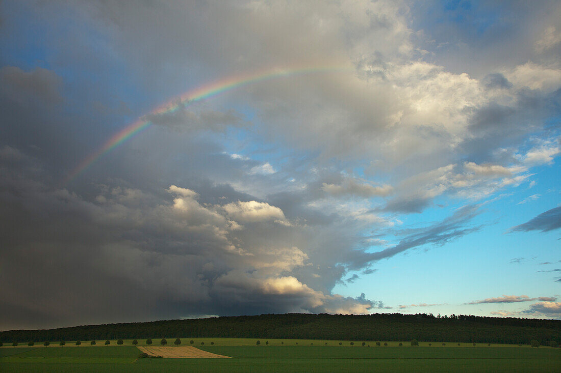 Rainbow with thunderclouds, Solling, Lower Saxony, Germany