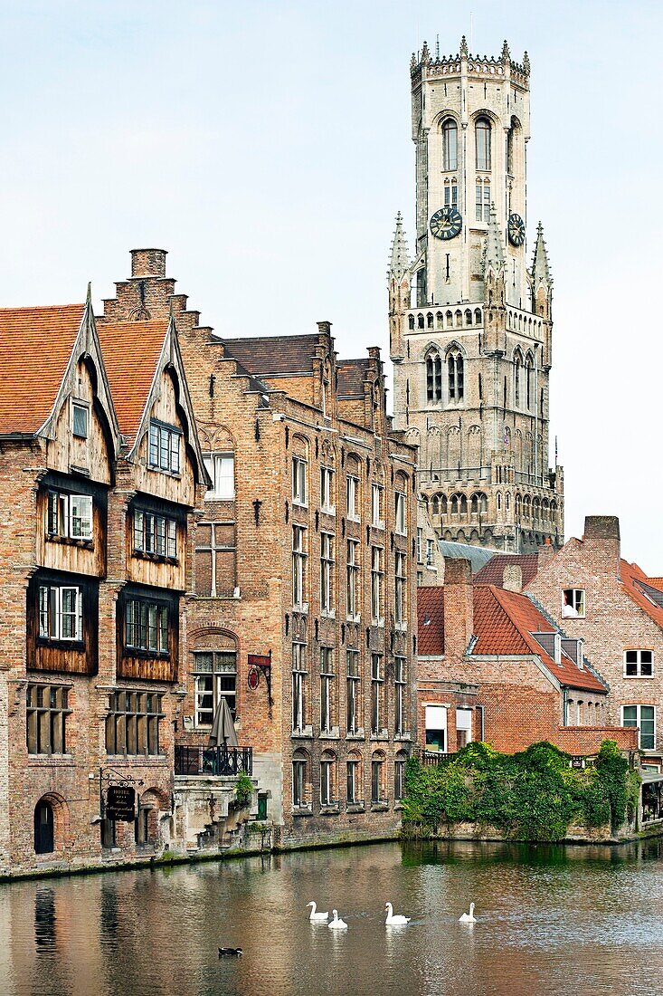 Rozenhoedkaai Quay of the rosary with Belfort tower, Brugge, Bruges, Flanders, Belgium.