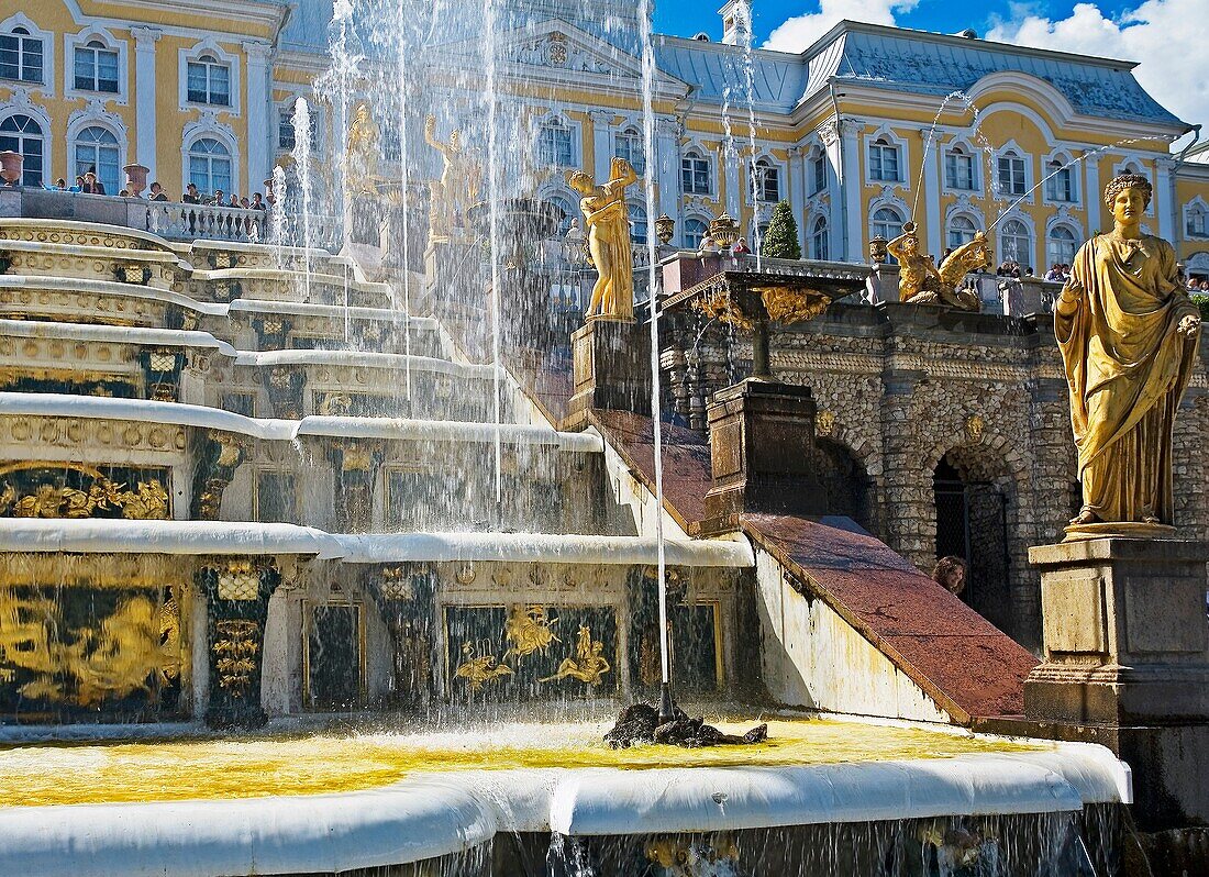 Golden statues and water works at Peterhof Park  Petrodvorets, St  Petersburg  Russia.