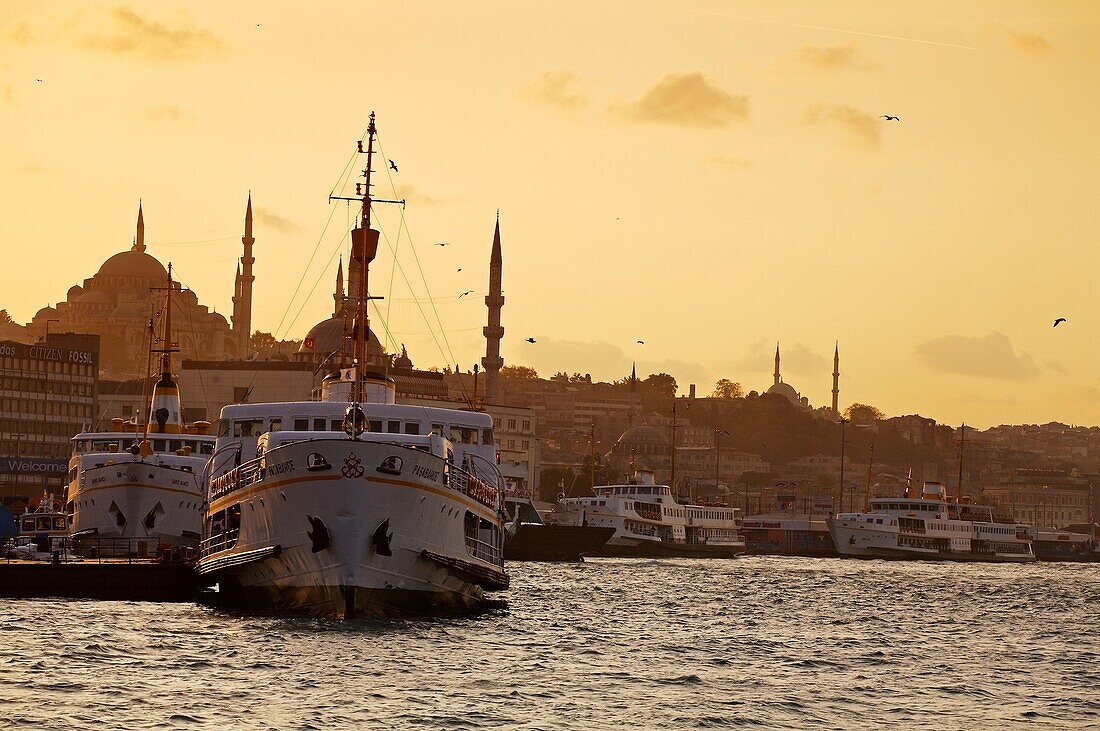 Ferries pier and Suleimaniye mosque in background  Istanbul  Turkey.