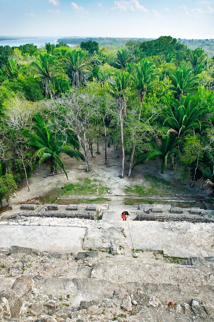 View from the top of structure N10-43, also known as El Castillo Maya temple ruins at Lamanai 300BC, 1500AD Lamanai Belize