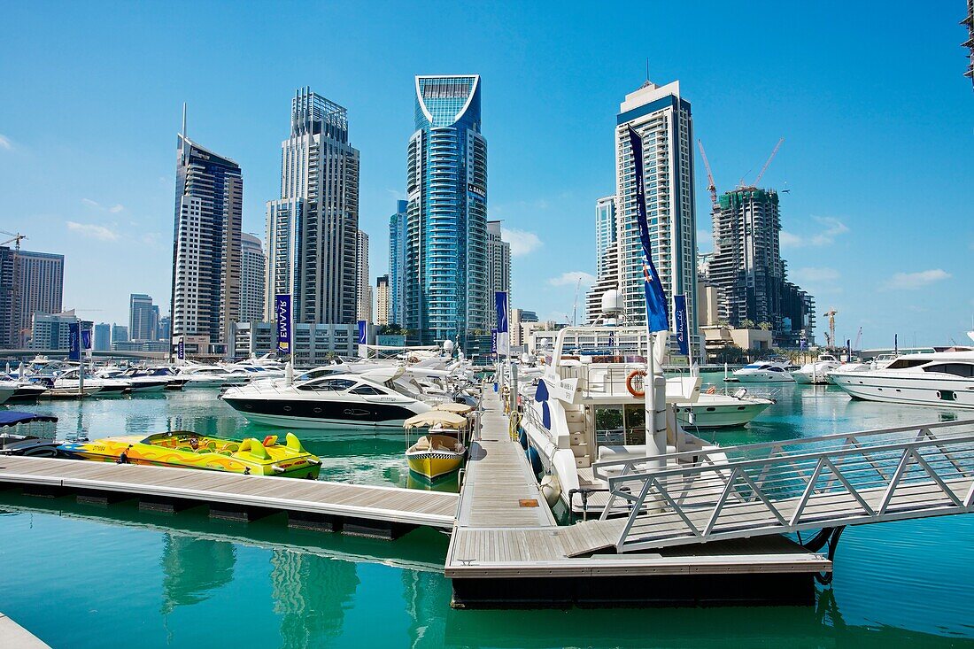 Skyscrapers and Marina in Dubai Marina area, Dubai City, Dubai, United Arab Emirates, Middle East.