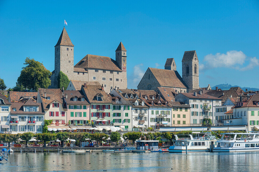 View of castle, old town and harbour, Rapperswil, Lake Zurich, St. Gallen, Switzerland, Europe