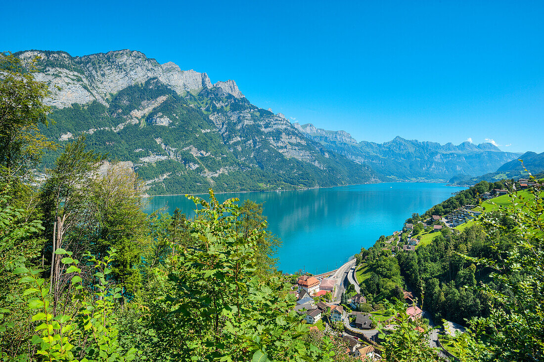 View of lake Walensee with Churfirsten mountains, St. Gallen, Switzerland, Europe