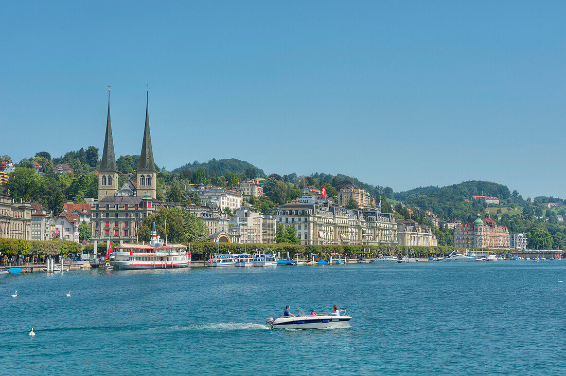 View of St. Leodegar im Hof church at Lake Lucerne, Lucerne, Lucerne, Switzerland, Europe