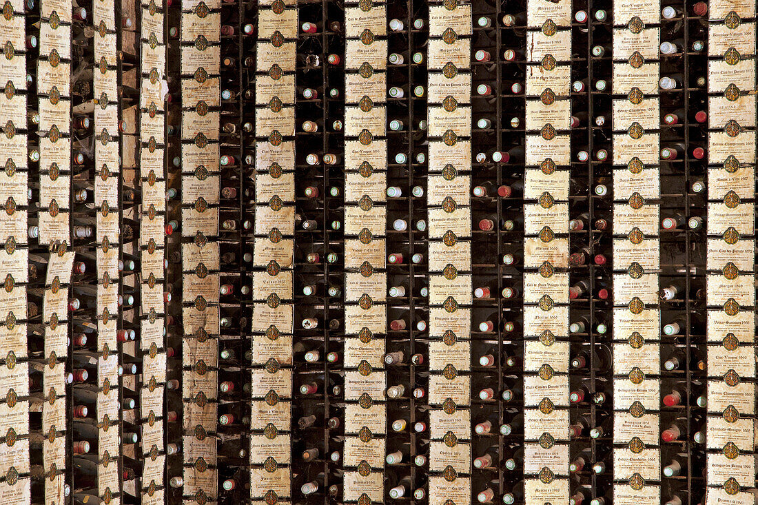 Bottles Of Vintage Wines From Different Vineyards, The Wine Collection In The Cellar Of The Chateau Du Clos Vougeot, Seat Of The Brotherhood Of The Chevaliers Du Tastevin, The Great Burgundy Wine Road, Vougeot, Cote D’Or (21), France