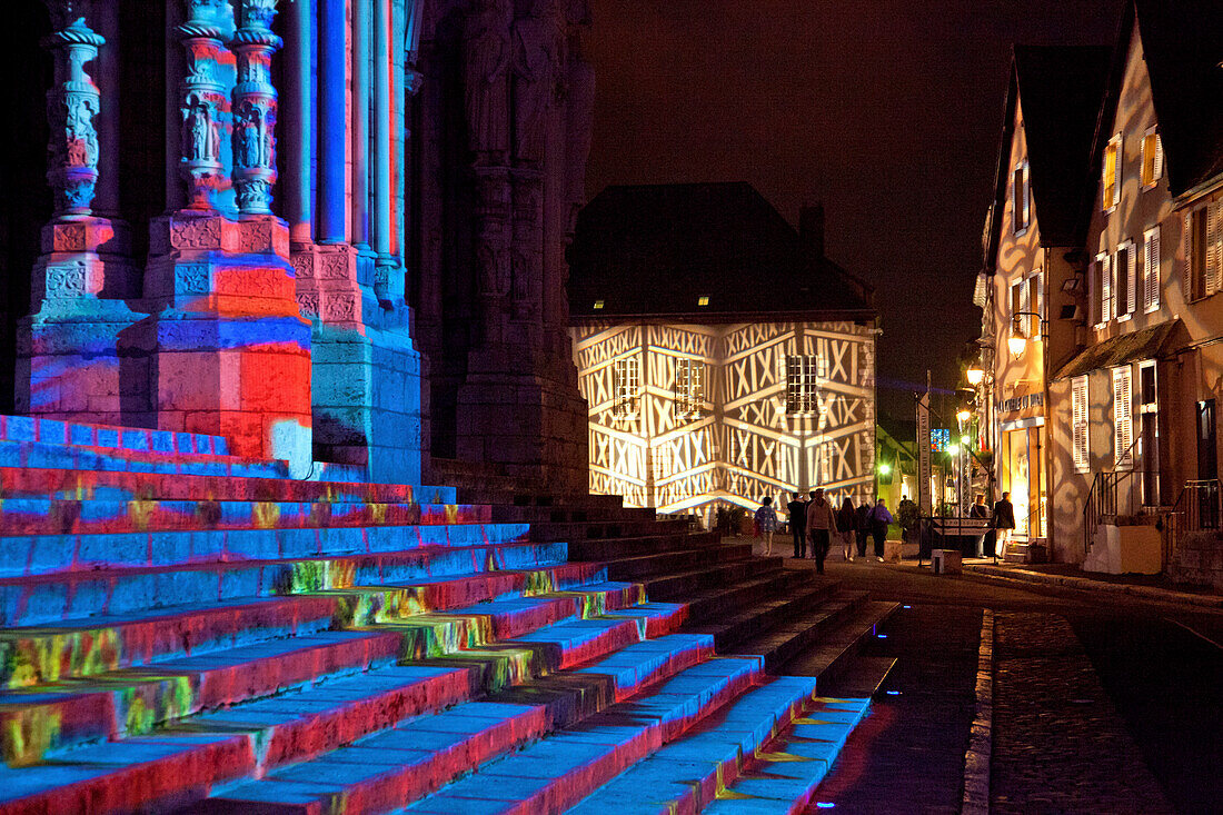 The North Door Of Notre-Dame Cathedral Lit Up During The ‘Chartres In Lights’ Festival, Light Show Conceived By Xavier De Richemond, Eure-Et-Loir (28), Centre, France