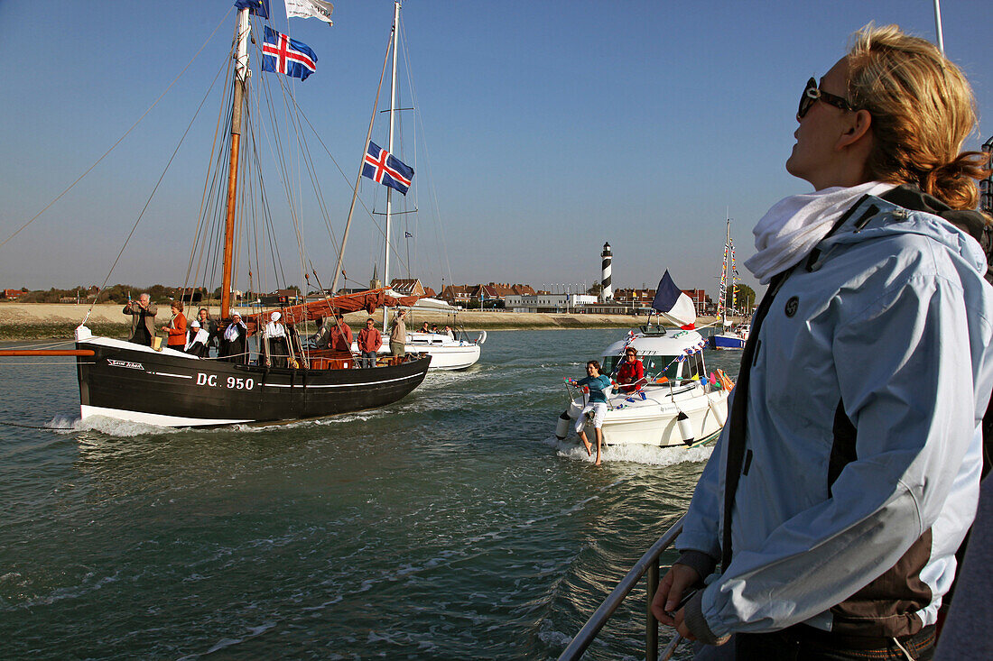Boats On The North Sea During The Icelanders' Festival In Gravelines, Woman Standing On A Boat, Nord (59), France