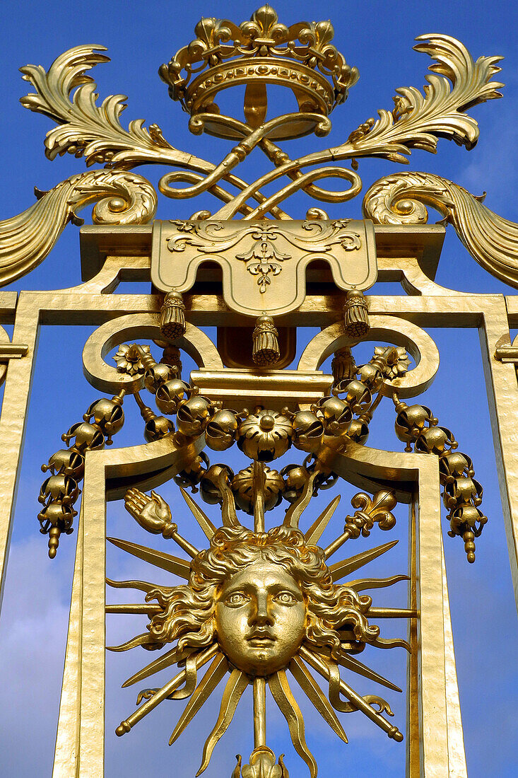Detail Of The Royal Gate In Gold Leaf Made By Hardouin-Mansart, / Palace Of Versailles, Built In The 17Th Century For Louis Xiv, The Sun King, Yvelines (78), Ile-De-France, France