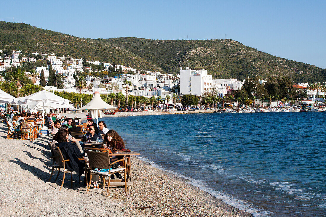 Cafés And Restaurants On The Beach, Town Center Of Bodrum, Aegean Coast, Turkey