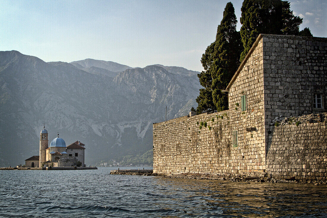 The Saint George Abbey (Crkva Sv. Dorda) And The Our Lady Of The Reef Church (Gospa Od Skrpjela) In The Background, Across From The Village Of Perast, Bay Of Kotor, Montenegro, Europe