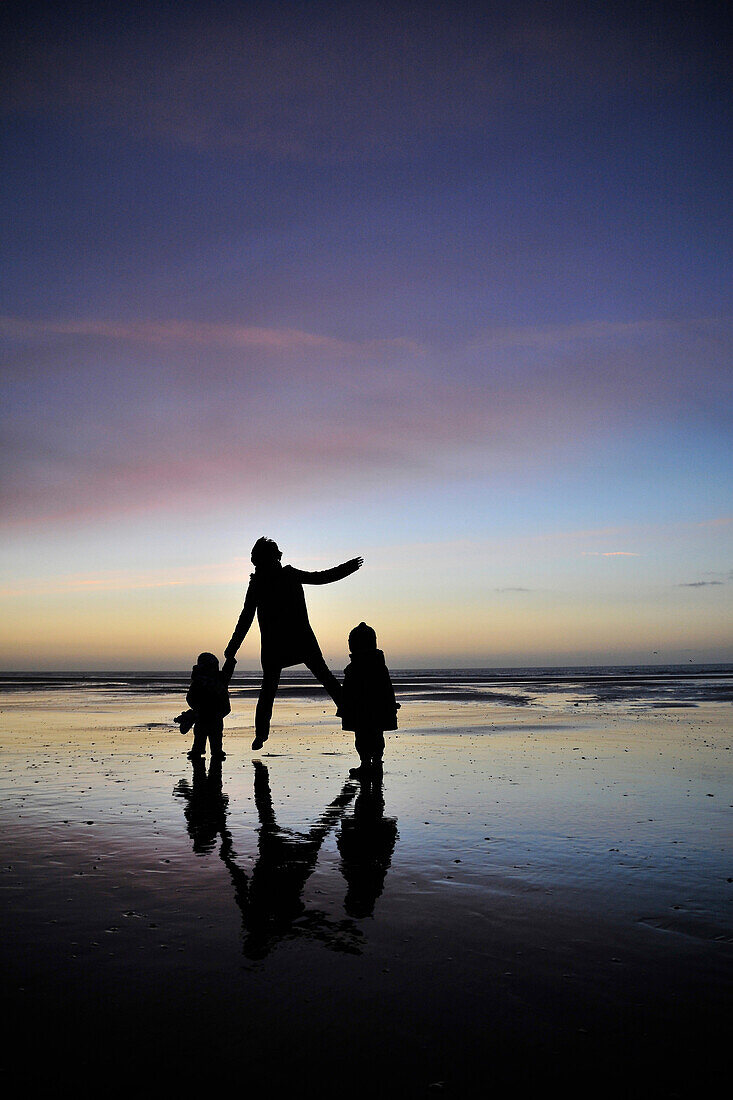 Mother And Her Children On The Beach At Twilight, Cayeux-Sur-Mer, Bay Of Somme, Somme (80), France