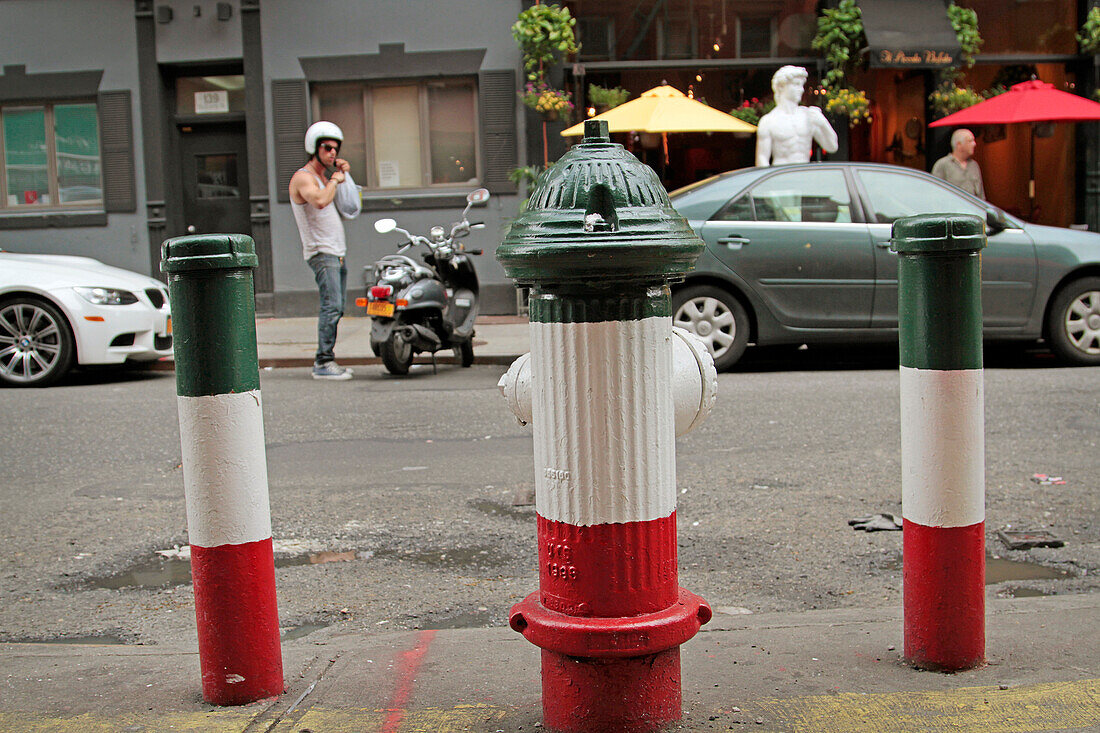 Fire Hydrants In The Colors Of The Italian Flag, Little Italy, Manhattan, New York City, New York State, United States
