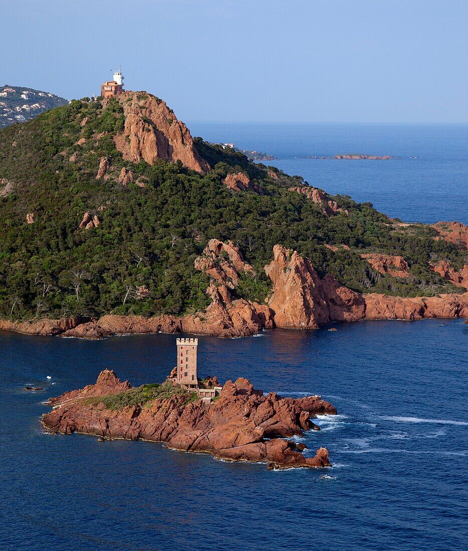 France, Var (83), The Esterel, the tip, and the lighthouse Dramont, the cornice of gold (aerial photo)