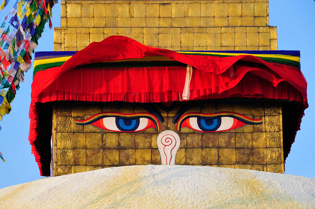 Nepal Kathmandu buddha's eyes at the stupa of BODNATH the biggest stupa in the world