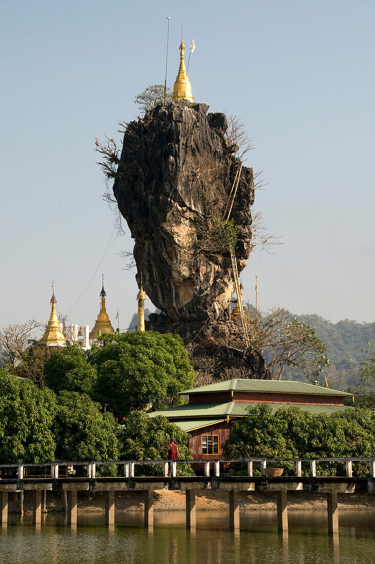 Myanmar Burma HPA   KYAUK KA LAT pagoda perched at the top of a rock on an island