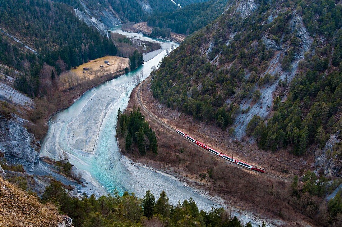 'Europe, Switzerland, Alpes mountains, Grisons Province (GR), Albulaline listed on the Unesco World heritage in 2008, the Rhine Valley, the Glacier Express train goes through the Rhine gorges named ''The Littel Grand Canyon'' because of its dizzy cliffs'