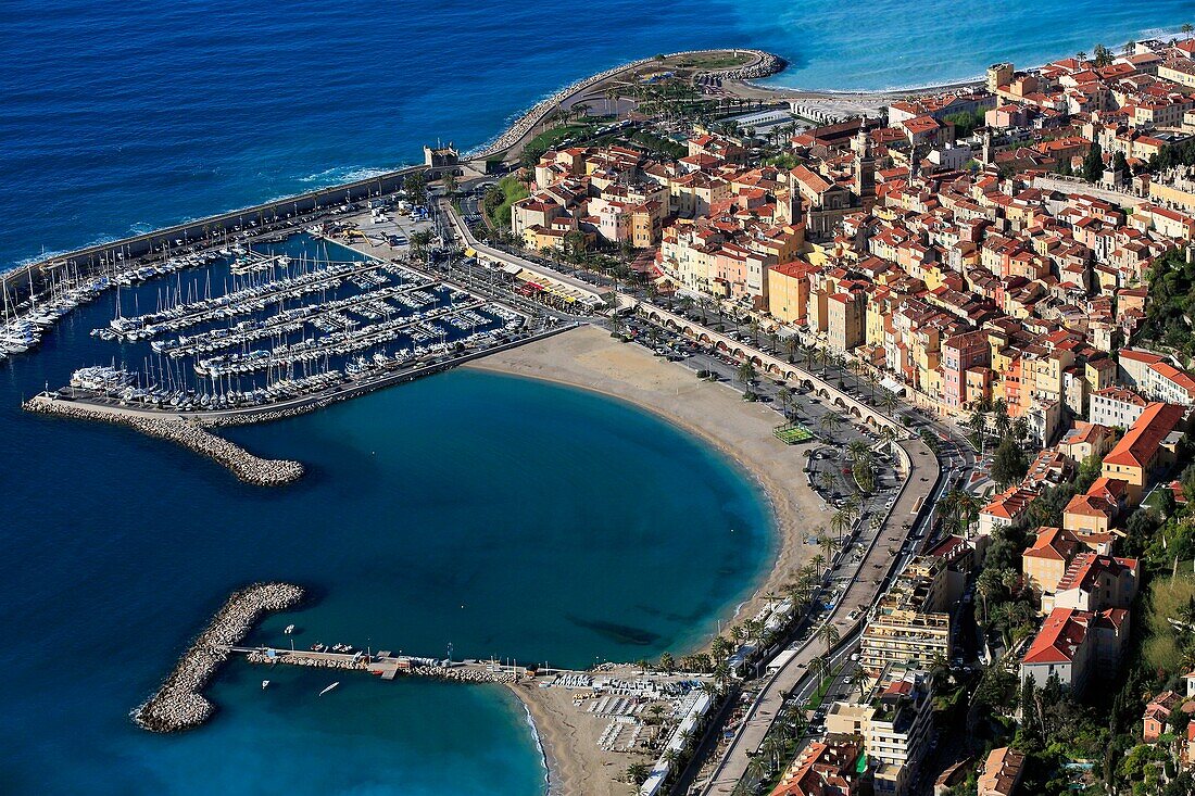 France, Provence-Alpes-Cote d'Azur (06), Menton, open port city on the Mediterranean Sea, on the border of Italy, Aerial Photo