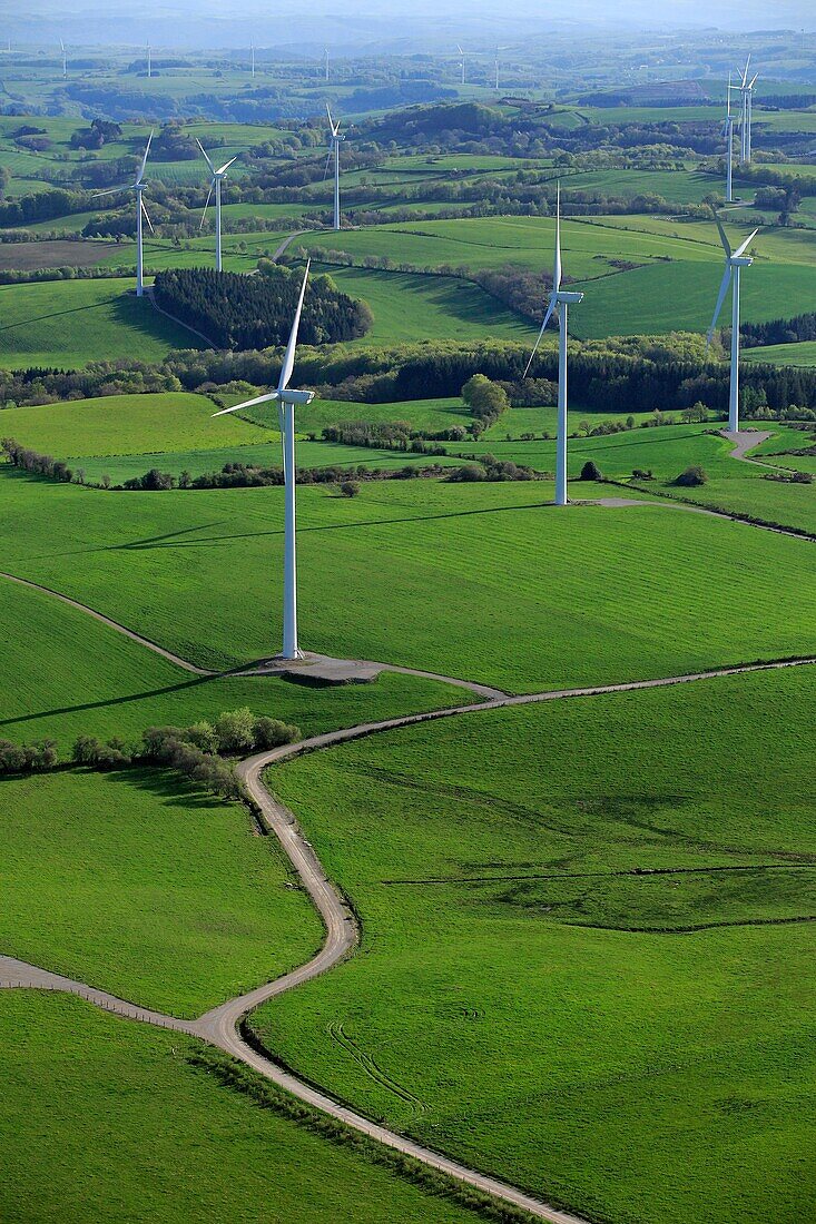 France, Aveyron (12), wind farm on the plateaus of the Aveyron, (aerial photo