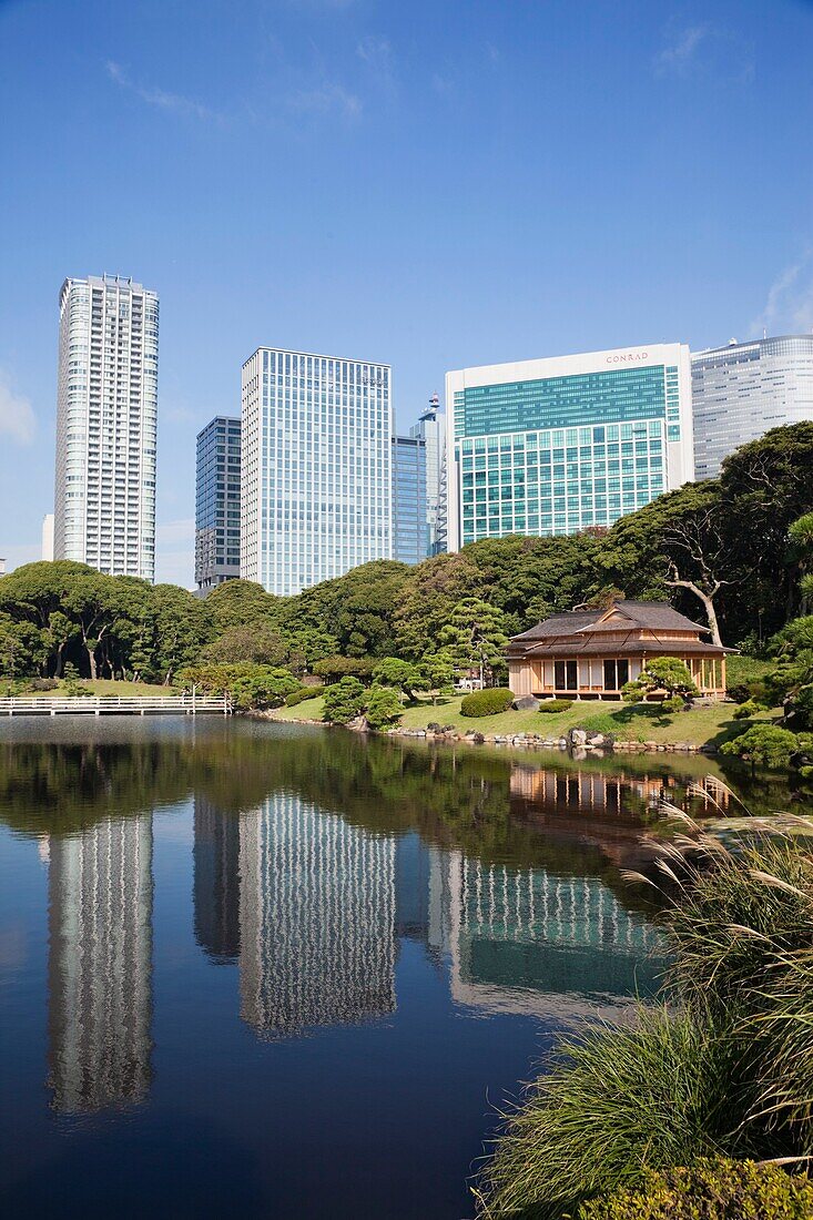 Japan,Tokyo,Hama Rikyu Japanese Garden and Shiodome Area Skyline