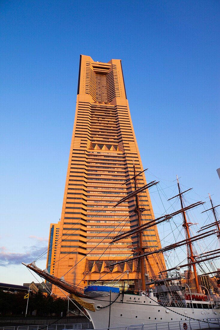 Japan,Tokyo,Yokohama,Landmark Tower Building and Nippon Maru Sail Training Ship