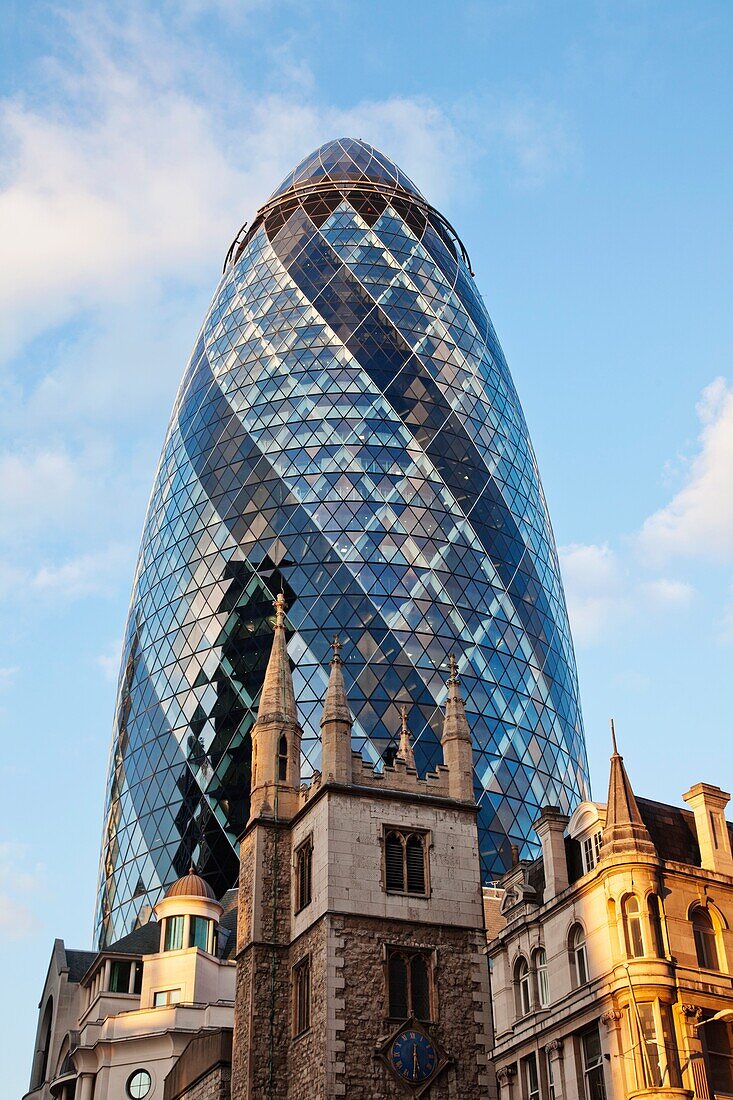 England,London,The City,The Gherkin and St.Andrew Undershaft Church