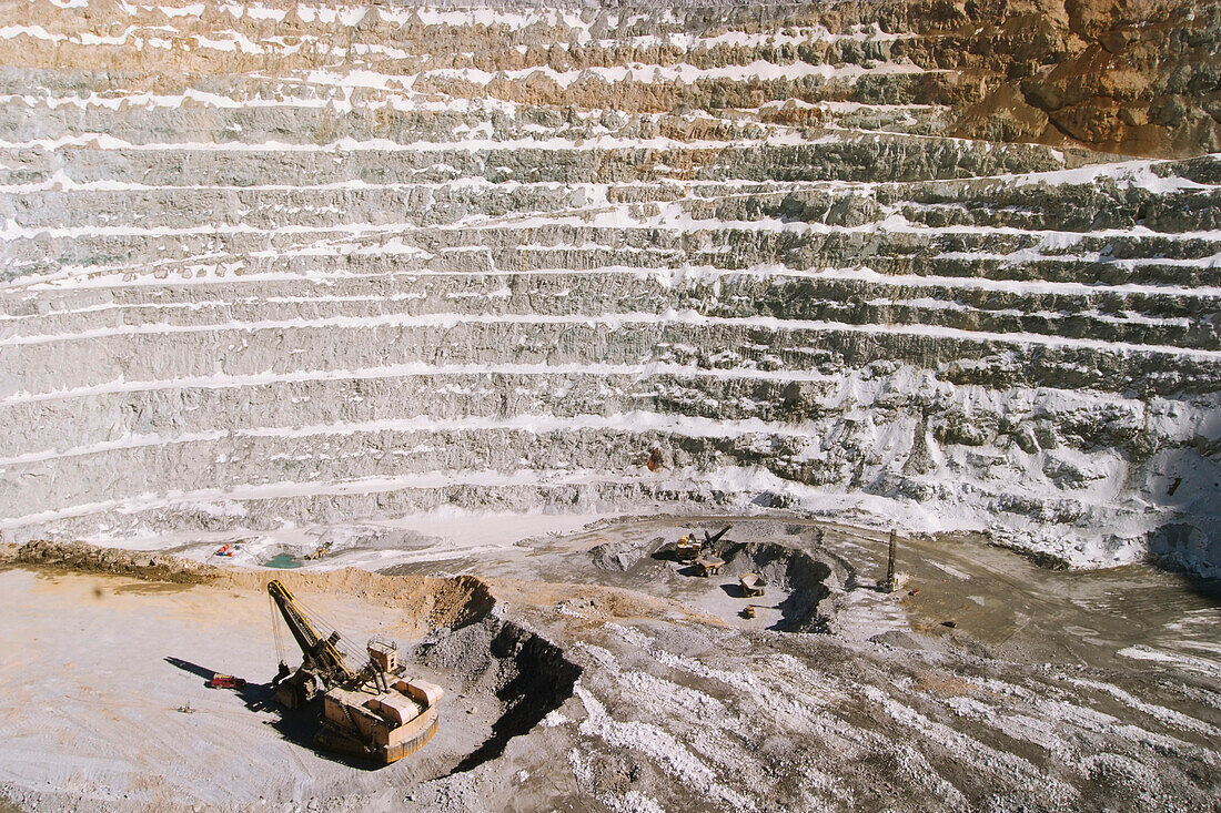 The Los Pelambres copper mine is the world's fifth largest copper mine, an open cast pit near Santiago. Snow falls on the terraced pit sides in winter.