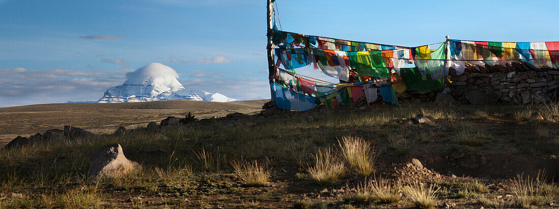 View of Mount Kailash from Chiu Gompa or Monastery. Prayer flags fluttering in the wind.