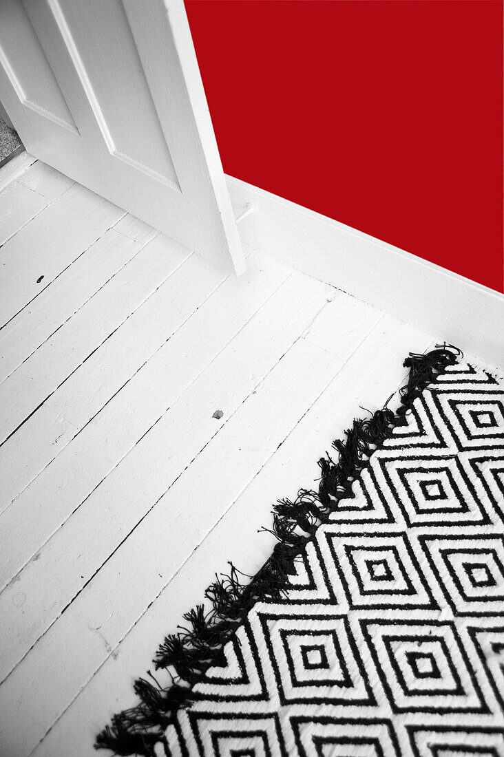 Bedroom door and old painted wooden floor. Floorboards. Red wall. Black and white patterned rug.