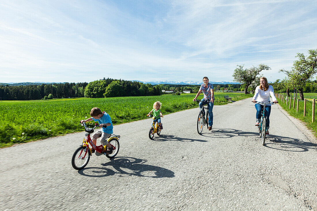 Family cycling, Upper Bavaria, Germany