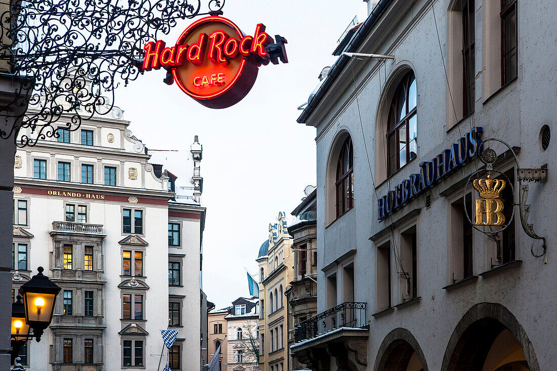 Hard Rock Cafe and Hofbraeuhaus at Platzl in winter, Munich, Upper Bavaria, Bavaria, Germany