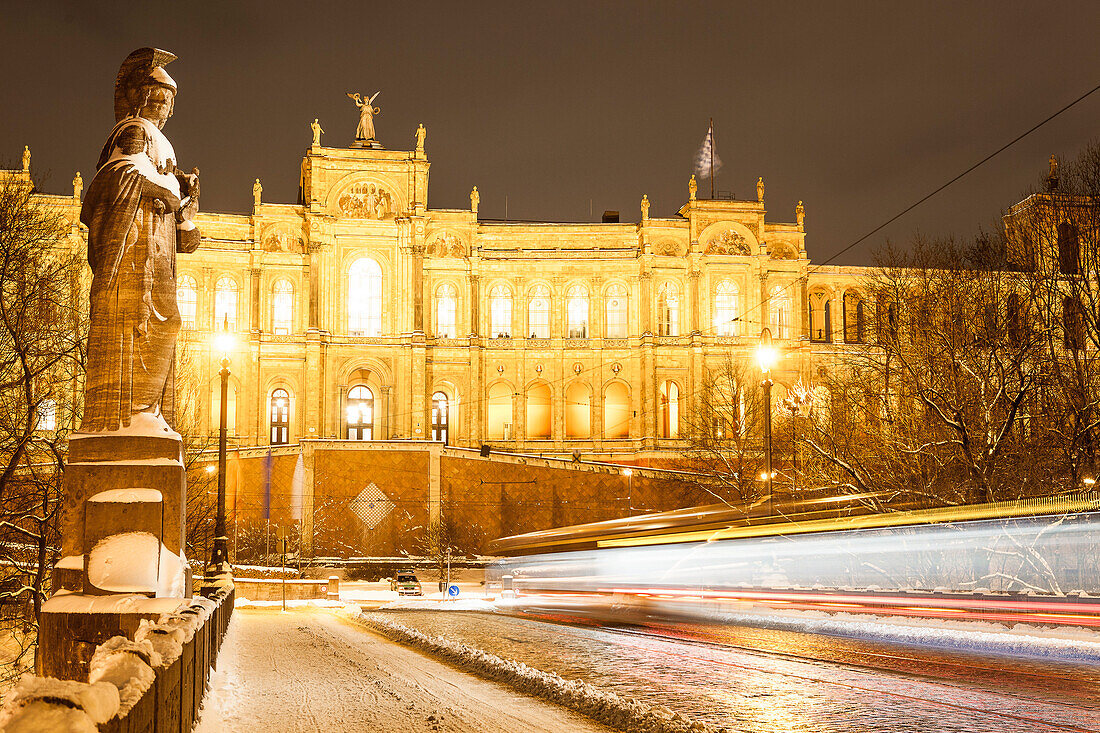 Maximilianeum and Maximiliansbrücke at night in winter, Munich, Upper Bavaria, Bavaria, Germany