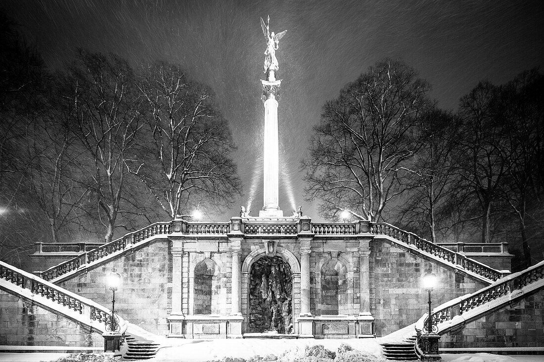Angel of peace at night and snowdrift, Munich, Upper Bavaria, Bavaria, Germany