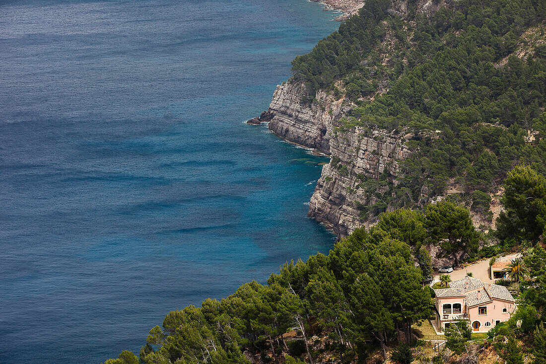 Mansion near cliffs at Mediterranean Sea, Estellencs, Mallorca, Spain
