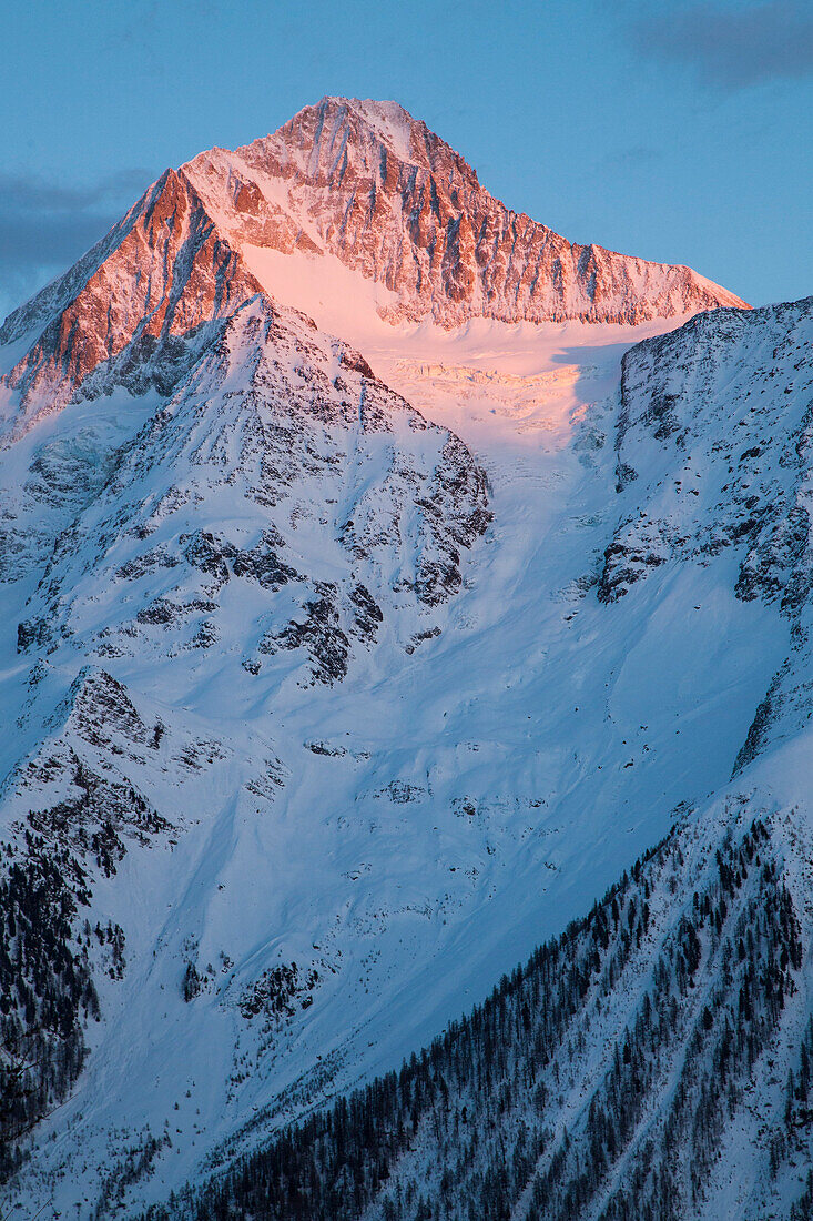 A high mountain peak, the Bietschhorn, in the afterglow, Canton Wallis, Valais, Switzerland, Europe