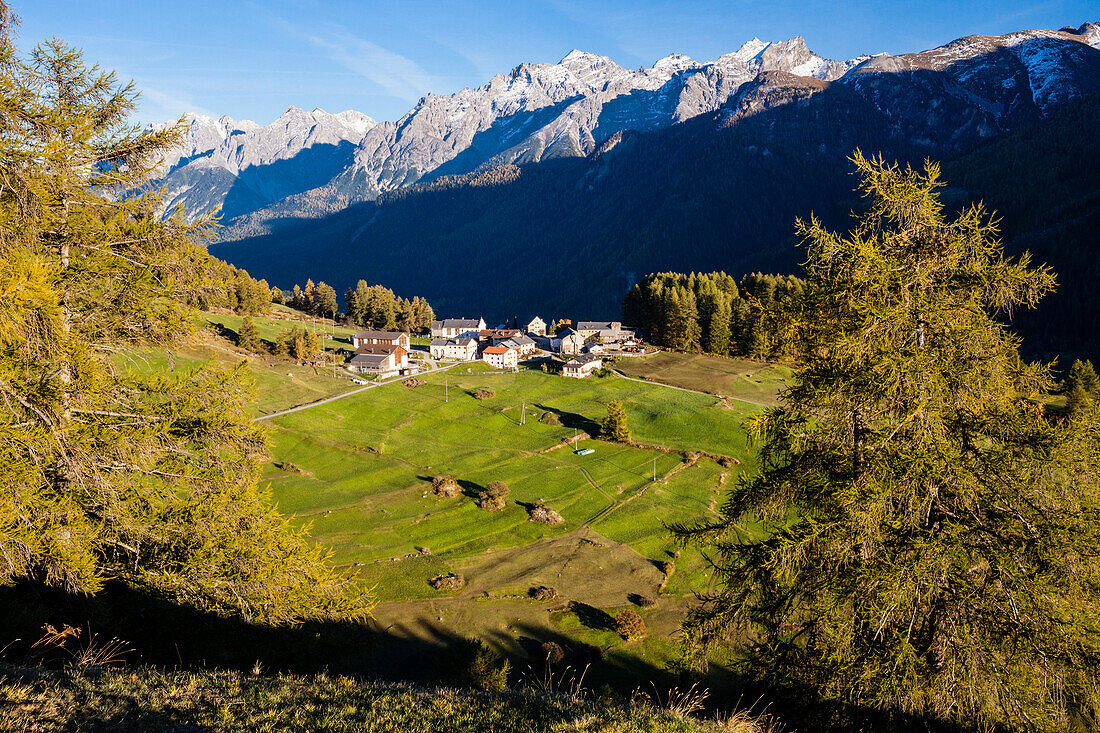 Little village Bos-cha at Engadin, Canton of Graubuenden, Grisons, Switzerland, Europe